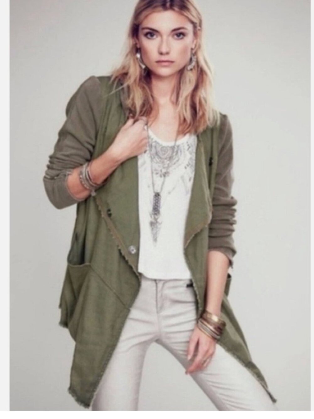 Free People Olive & Brown Hooded Asymmetrical Jacket
